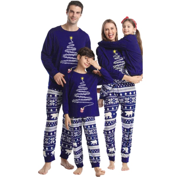 Julpyjamas Matchande Familj Pyjamas Set Lång Pyjamas Träd Isbjörn Snöflinga Tryck Förälder-Barn Hemmakläder Set Dark Blue 170cm