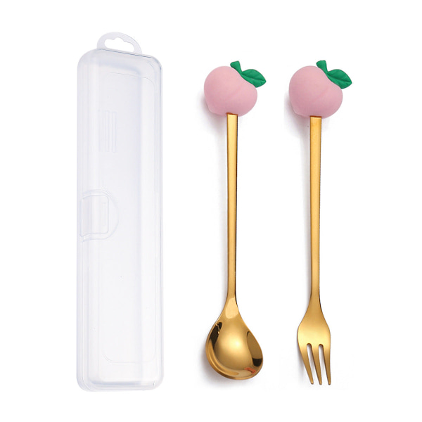 Q Juldessert Gaffel-Sked Set Söt Docka Dessertsked Tecknad Bordsartiklar Fruktgaffel Portabel Kaffesked Peach gold spoon Fork storage box