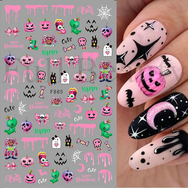 Söta Tecknade Dödskalle Nagelstickers Läskig Halloween Dekoration Spöke Fladdermus Ond Pumpa Sliders För Manikyr Blod Nageldekaler GLF886 F892