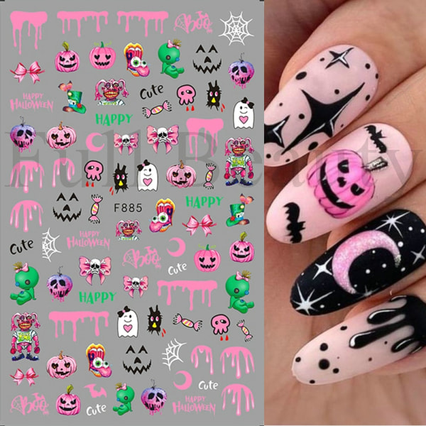Søte Tegneserie Hodeskalle Negleklistremerker Skummel Halloween Dekorasjon Spøkelse Flaggermus Ond Gresskar Slidere For Manikyr Blod Negle Dekal GLF886 STZ-G039 Black