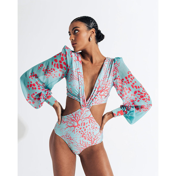 Trykket Langermet Bikini Sexy Hel Badedrakt Dame Pluss Størrelse Badetøy Sky Blue M
