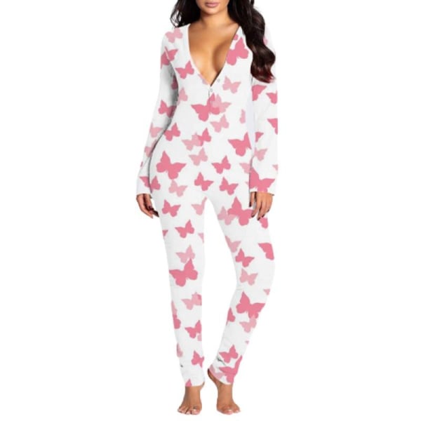 Sexet Print Dame Onesies Sleep Jumpsuit Langærmet Dyb V-Hals Bodycon Pyjamas Jumpsuit Rompers Nattøj 05 M