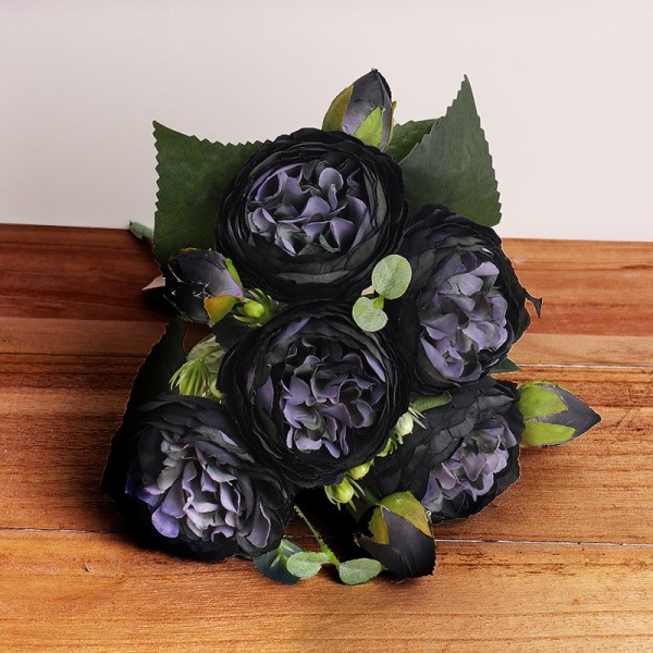 30cm Rosarosa Silkebukett Pion Konstgjorda Blommor 5 Stora Huvuden 4 Små Knoppar Brud Bröllop Heminredning Falska Blommor Faux Blue