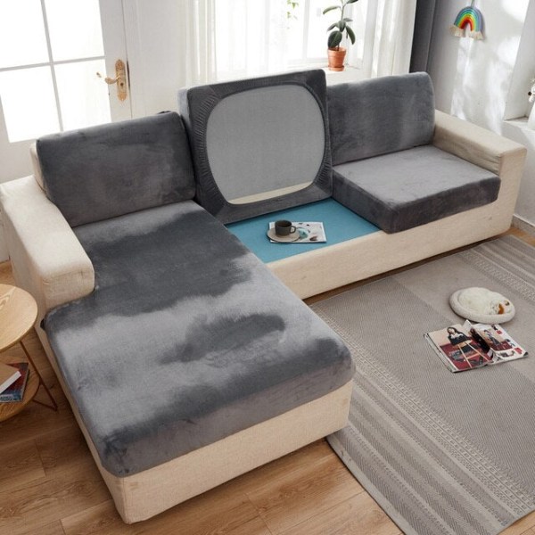 Velour Sofabetræk til Stue Plys Hyndebetræk Tykt Jacquard Ensfarvet Blødt Strækbart Sofabetræk Møbelbeskytter Lake Blue 45x45 Pillowcase-2pc