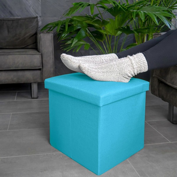 Sammenleggbar sittepuff 38x38x38 cm i HIMMELBLÅ - Sittekube med oppbevaring og lokk i stoff med lin-look