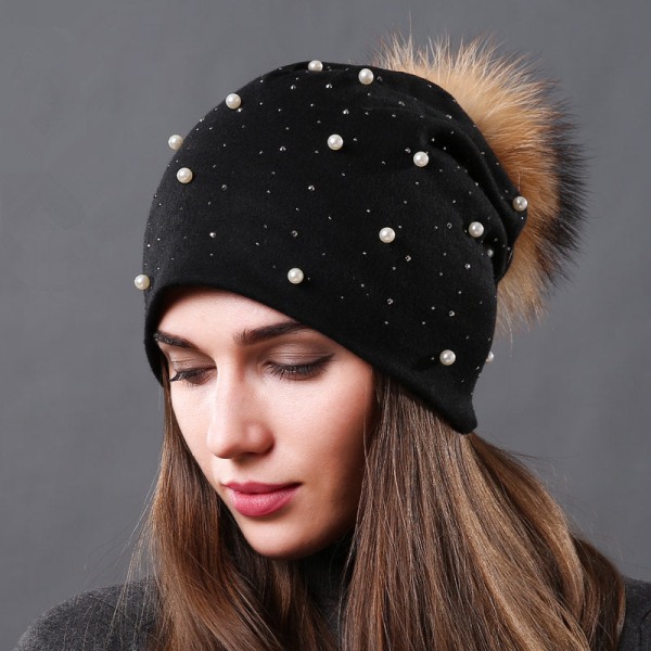 Pärl Dubbellagers Bomullsmaterial Ärmmössa Höst och Vinter Dam All-Match Mode Tvättbjörn Boll Päls Dam Varm Hatt Dark gray natural color ball