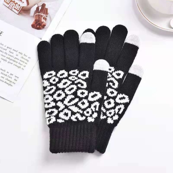 Fashion Leopard Cashmere Tykke Varme Handsker Til Kvinder Strikkede Voksne Vinter Casual Handsker Touch Screen Fingre Fortykning Handsker Khaki One Size