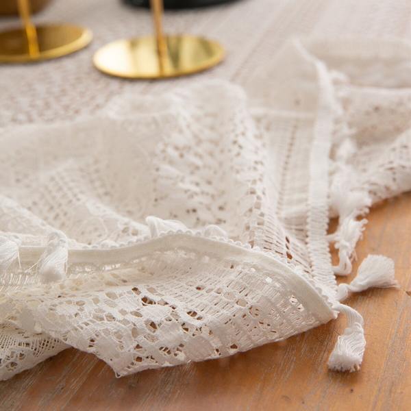 Hålad Fransk Spets Beige Duk Rektangulär Bröllop Födelsedagsfest Dekorativ Bordsduk Mantel Mesa Nappe med Tofs Beige 150X150CM