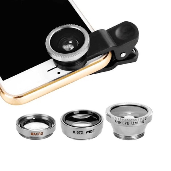 3-i-1 Vidvinkel Makro Fisheye Linse Kamera Sæt Mobiltelefon Fiskeøje Linser med Klips 0.67x til iPhone Samsung Alle Mobiltelefoner Overseas Silver