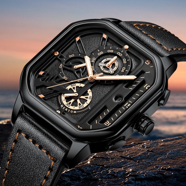 En Herreklokke Høykvalitets Selvlysende Vanntett Klokke Herreklokke Quartz Klokke All Black Rose nail belt