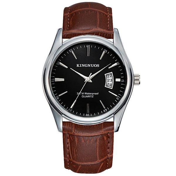 Trendy Mode Stålbælte Herre Kalender Vandtæt Læder Urrem Ur Brown Belt white plate men's