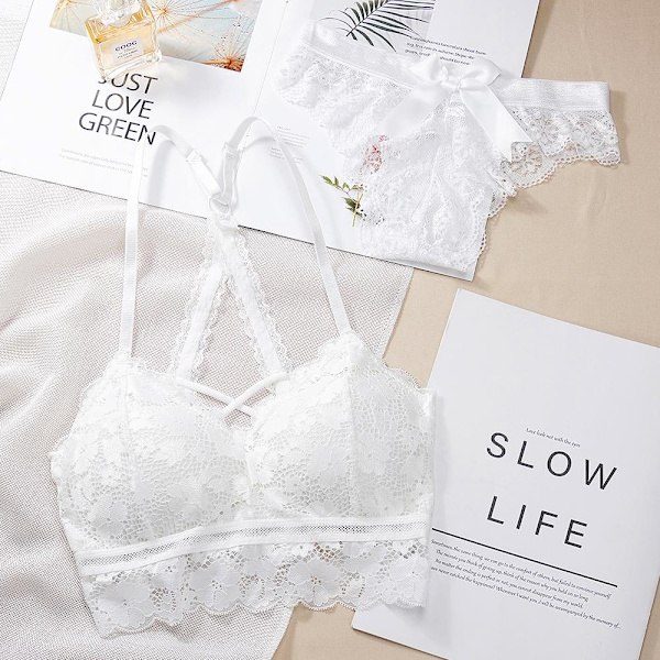 Naisten alusvaatesetit pitsipikkuhousut saumattomat selättömät seksikkäät liivit Bralette Push Up -rintaliivit alusvaatteet White S/34
