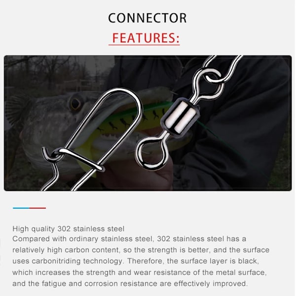 Fishhook 50 stk. Gjeddefiske Tilbehør Koblingsstift Lager Rullende Svivel Rustfritt Stål Snap Fiskekrok Lokkesvivler Utstyr Size1 41mm 30kg