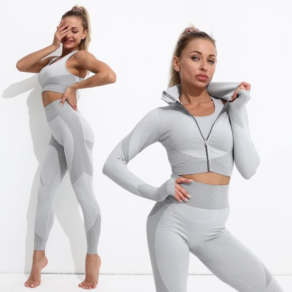 Yoga Set Workout gym kläder fitness för träningsoverall för kvinnor top pents black gray S