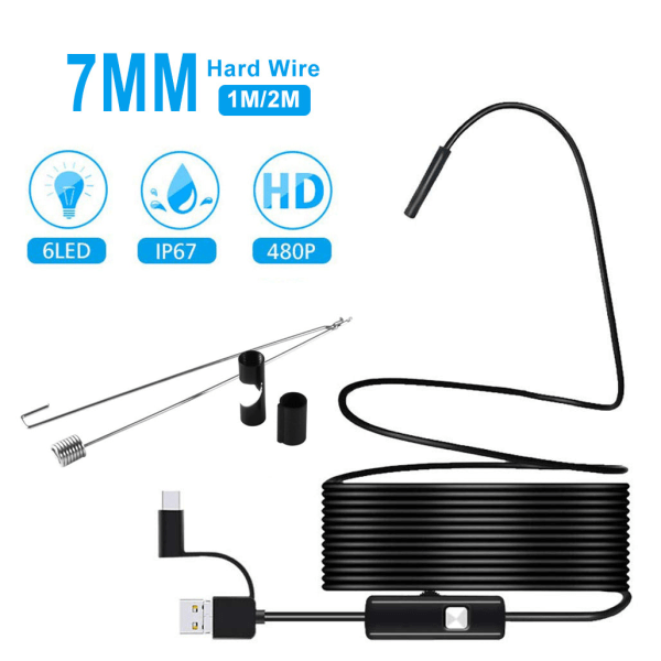 7 mm:n mini-endoskooppikamera, vedenpitävä 3-in-1 Endoscopio USB Android Otg Type C -älypuhelimelle PC-käärmekamera kalanetsintään autoon 1m Hard wire