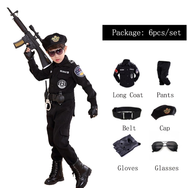 Børn Politi Kostumer Børn Halloween Fest Karneval Politiuniform 110-160cm Drenge Hær Politi Cosplay Tøjsæt Set6 160CM