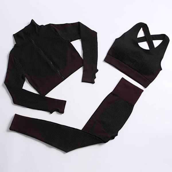 Yoga Set Träningskläder gym fitness för damer träningsdräkt 3 Pcs set Wine red L