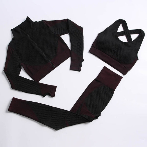 Yoga Set Workout gym kläder fitness för träningsoverall för kvinnor 3 Pcs set black red M