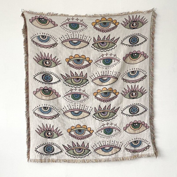 Boho Sofffilt Stickad Bomull Sofföverdrag Demonöga Viktad Tapet Bohemisk Tofs Boho Väggdeko Picknickfilt Filtar L 130x160cm