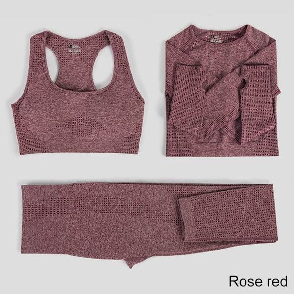 Yoga Set Träningskläder Sportkläder Gym Kläder Fitness Leggings Toppar För Kvinnor 3 pcs set wine red M