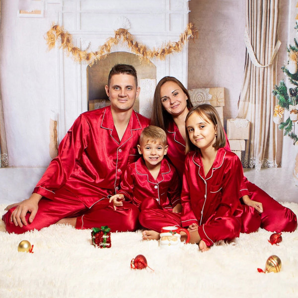 Julmatchande familjepyjamas Pyjamas Satin Solid Matchande julsovkläder Red Kids 5-6 Years