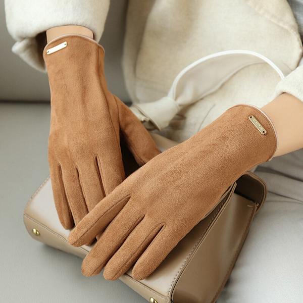 Nye høst- og vinterhansker i semsket skinn for kvinner, holder varmen, tynt fleecefôr, ikke oppblåst, lekkende fingre, clamshell, sykling, mote, elegante hansker Beige One Size