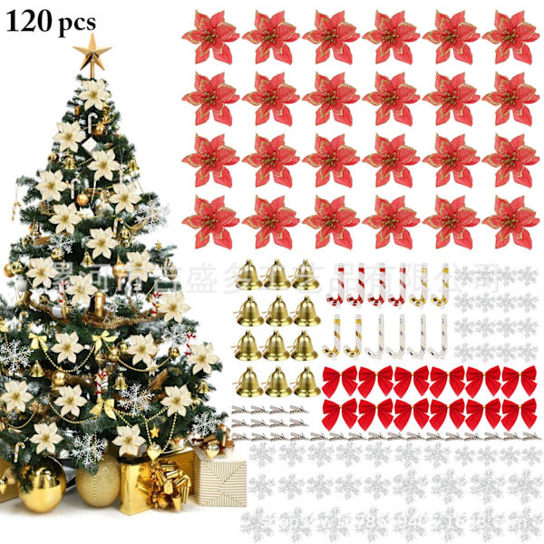 120 stk. Juleblomstsett Juletrepynt Anheng Plastblomster Kunstige Blomster Red a set