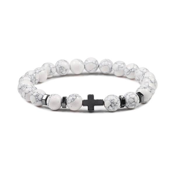 Herr Naturlig Lavasten Pärlarmband Hematit Kors Rosenkrans Meditation Bön Jesus Armband Dam Yoga Smycken White Turquoise