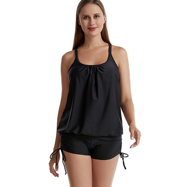 Eurooppalainen ja amerikkalainen uimapuku naisten konservatiivinen painettu kaksiosainen puku jaettu bokseri peittää vatsaa hoikentava tankini-uimapuku Black top printed pants L