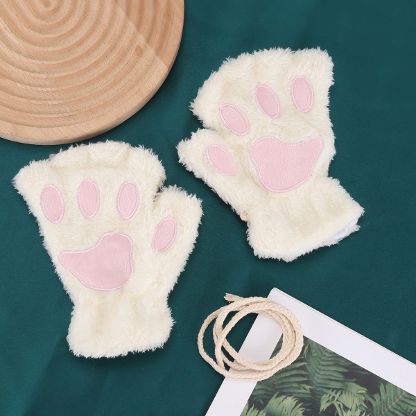 Kawaii Katt Handskar för Kvinnor Mode Flickor Katt Klo Tass Plysch Vantar Varma Mjuka Plysch Korta Fingerlösa Halvfinger Vinterhandskar Light Brown One Size