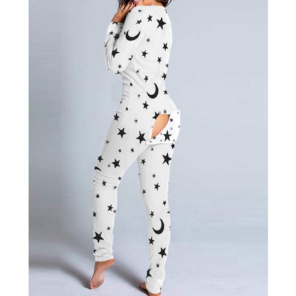 Dam Mode Tryckt Funktionell Öppen Bak Knäppt Romper Casual Långärmad Pyjamas Jumpsuit Plus Size Red L