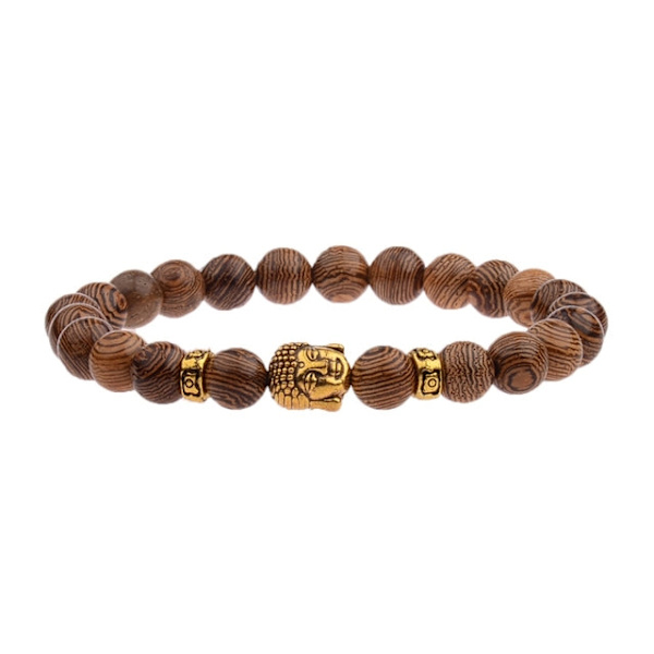 8mm Naturligt Rund Cylinder Träpärlor Armband Män Klassiskt Elastiskt Buddhistiskt Böne Buddha Armband Hommes ABJ003-4