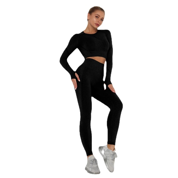 Europeisk och amerikansk plisserad sömlös yogadräkt för kvinnor, hög midja, slimmande och åtsittande sport, långärmad fitness yogabyxor, tvådelad dräkt 6205 Long Sleeve trousers suit-Black M