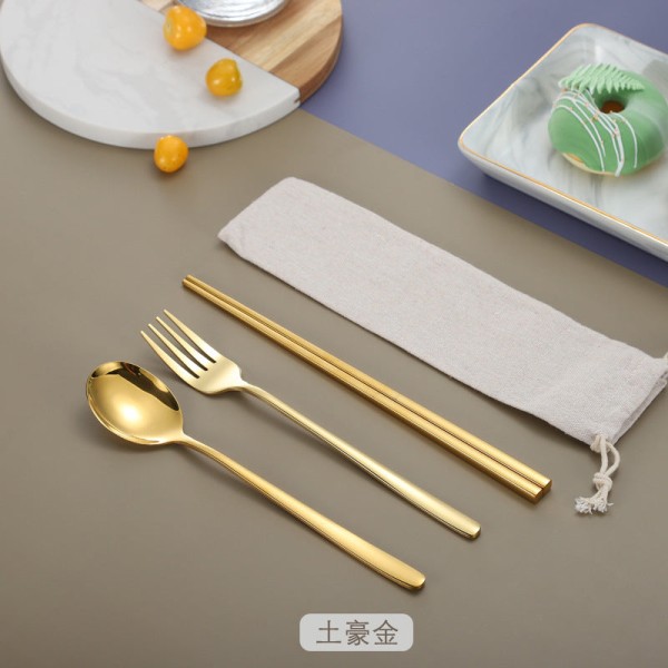 Rustfrit stål koreansk-stil ske gaffel spisepinde titanium-belagt service studerende bærbar tre-delt spisepinde ske gaffel Three-piece set