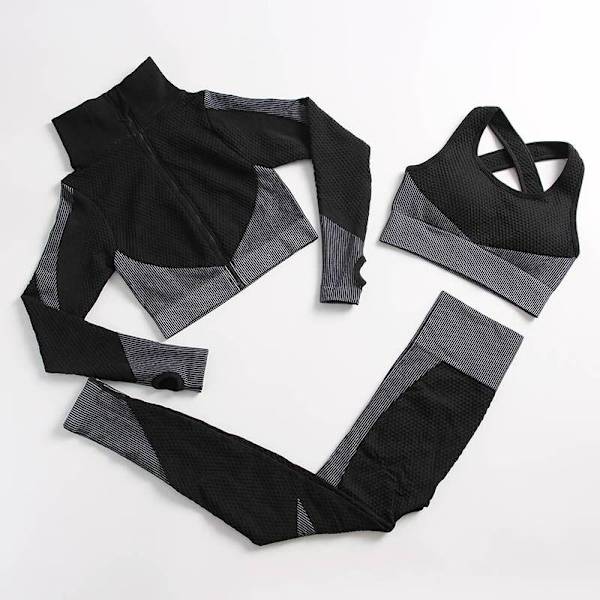 Yoga Set Träningskläder gym fitness för damer träningsdräkt 3 Pcs set black gray M