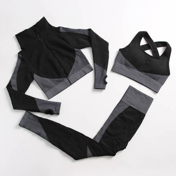 Yoga Set Workout gym kläder fitness för träningsoverall för kvinnor 3 Pcs set black gray XL