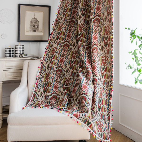 Boho Geometrisk Bohemian Gardin För Sovrum Vardagsrum Bomull Linne Printed Dekorativa Gardiner med Tofs Heminredning E0014 W150XH220