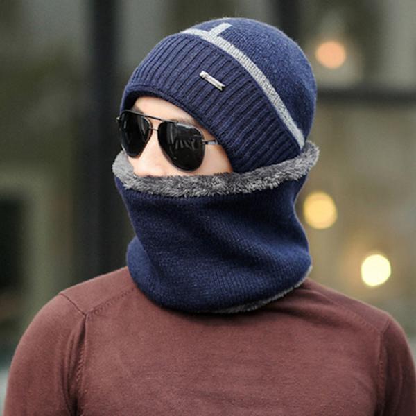 Vinter Fleecefodrad Förtjockad Geometrisk Stickad Varm Pullover Mössa Cykling Trend Halsduk Tvådelad Set Ullhatt för Män Wine Red