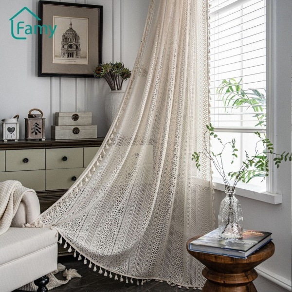 Virkgardin Genomskinliga Vardagsrumsgardiner Set Amerikansk Lantlig Ihålig Boho Balkong Sovrum Färdig Burspråksfönster Konstdekor KC59 W150xL160cm