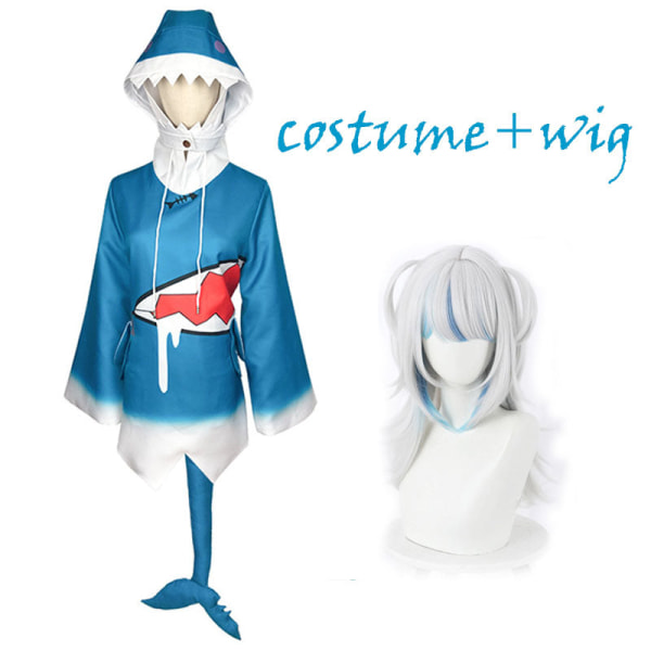 Hololive Gawr Gura Cosplay Kostym Haj Huvtröja Jacka Outfit med Fiskstjärt Huvtröja Peruk Halloween Kostymer för Kvinnor Män wig L