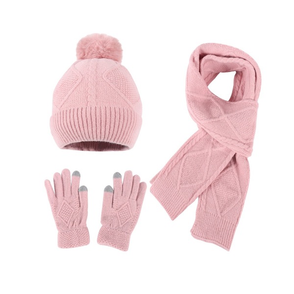 Naisten turkispalloneulepipo, huivi ja käsineet, kolmiosainen setti, muodikas lämmin villapukusetti Pink