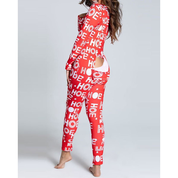 Sexig Pyjamas för kvinnor Julpyjamas Nyårs Jumpsuit Sovkläder Button-down Fram Bak Rumpa Rumpa Öppen Ass Flap Jumpsuit Print Loungewear Red L