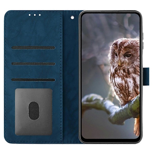 Fodral för Samsung Galaxy A16 4G 5G Uggla Präglat PU Läder Plånbok Telefonfodral med Handledsrem - Pur Blue