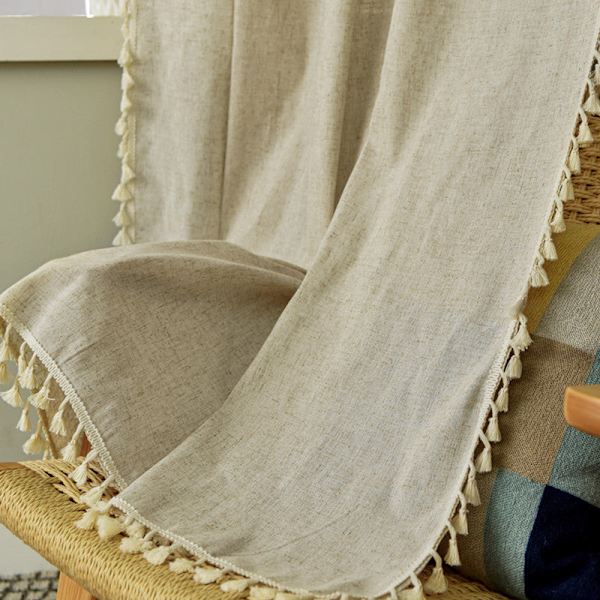 Enkel Gardin i Bomull och Linne Randig Tofs Vardagsrum Gardinstång Beige Stripes tassel-Rod curtain 150W * 160 high CM