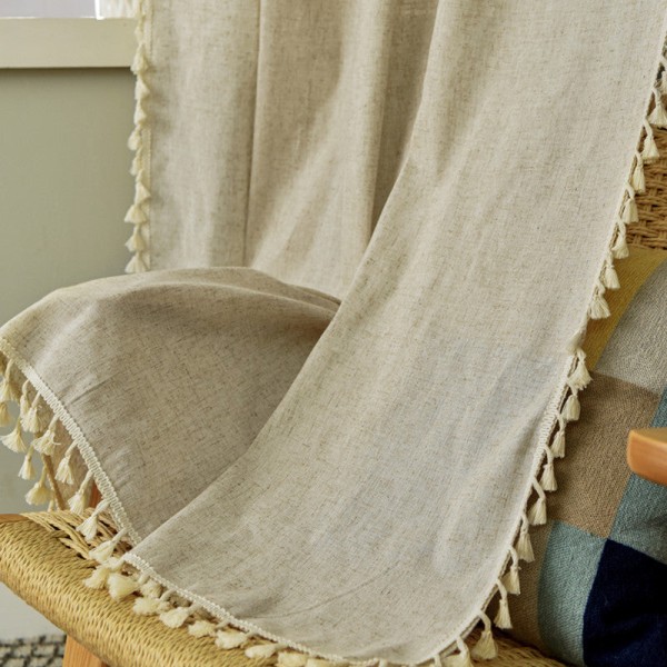 Simpelt bomulds- og linnedgardin stribet kvast stue gardinstang Beige Stripes tassel-hook curtain 150W * 220 high CM