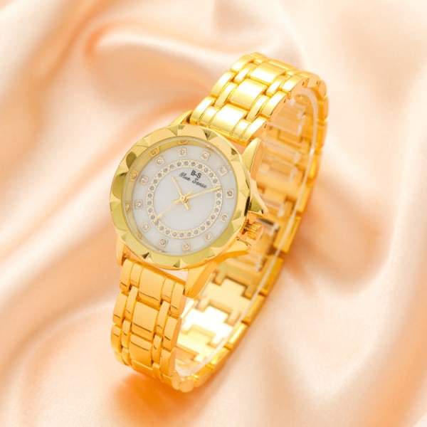 Trendy Stålur Simpel Dame Temperament Guldur rundt Urskive Fuld Diamant Quartz Ur Rose Gold