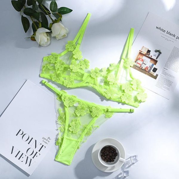 Aduloty 2-delat blommigt set med BH för kvinnor, 13 färger, mesh-BH med bygel + trosor, underklädesset för damer, sexigt set med utskärningar Neon green L