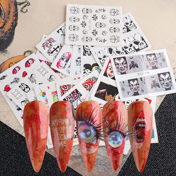 Halloween Serie Nagelstickers Set Söta Pumpa Dödskalle Transfer Sliders För Naglar Vattenstämpel Temporära Tatueringar Dekaler CHSTZ856-879 STZ856-879 24pcs