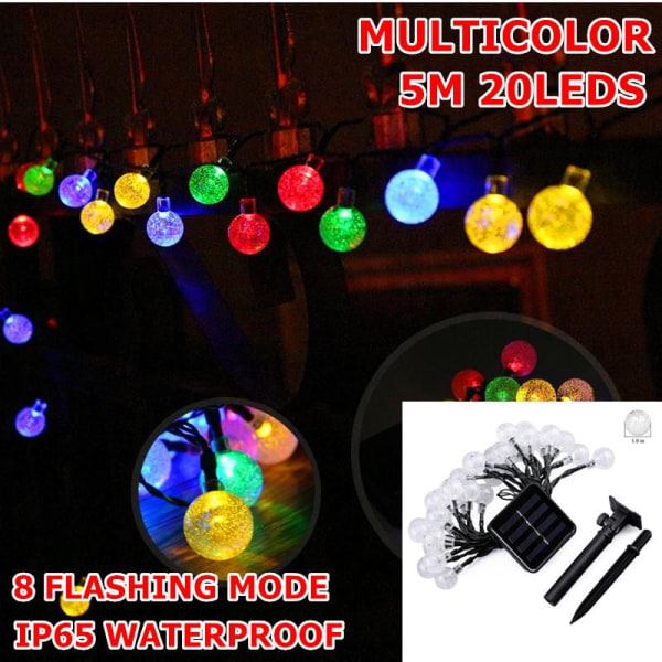 8 Lägen 6,5M Solarlampa Kristallkula LED Slinga Lampor Blinkande Vattentät Fairy Girlang för Utomhus Trädgård Jul Bröllopsdekoration Multicolor 5M/20LED