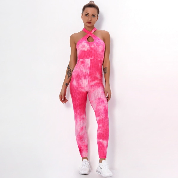 Europeisk och amerikansk sexig korsad batikfärgad skönhetsrygg yogadräkt för kvinnor, fitness, sport, bubbla, flerfärgad, helkroppsdräkt 6225 jumpsuit-red brown gray XL